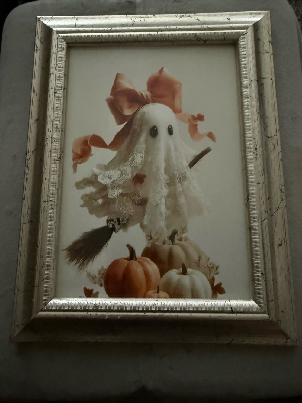 5x7 Framed Halloween lace Ghost - Cream and Orange